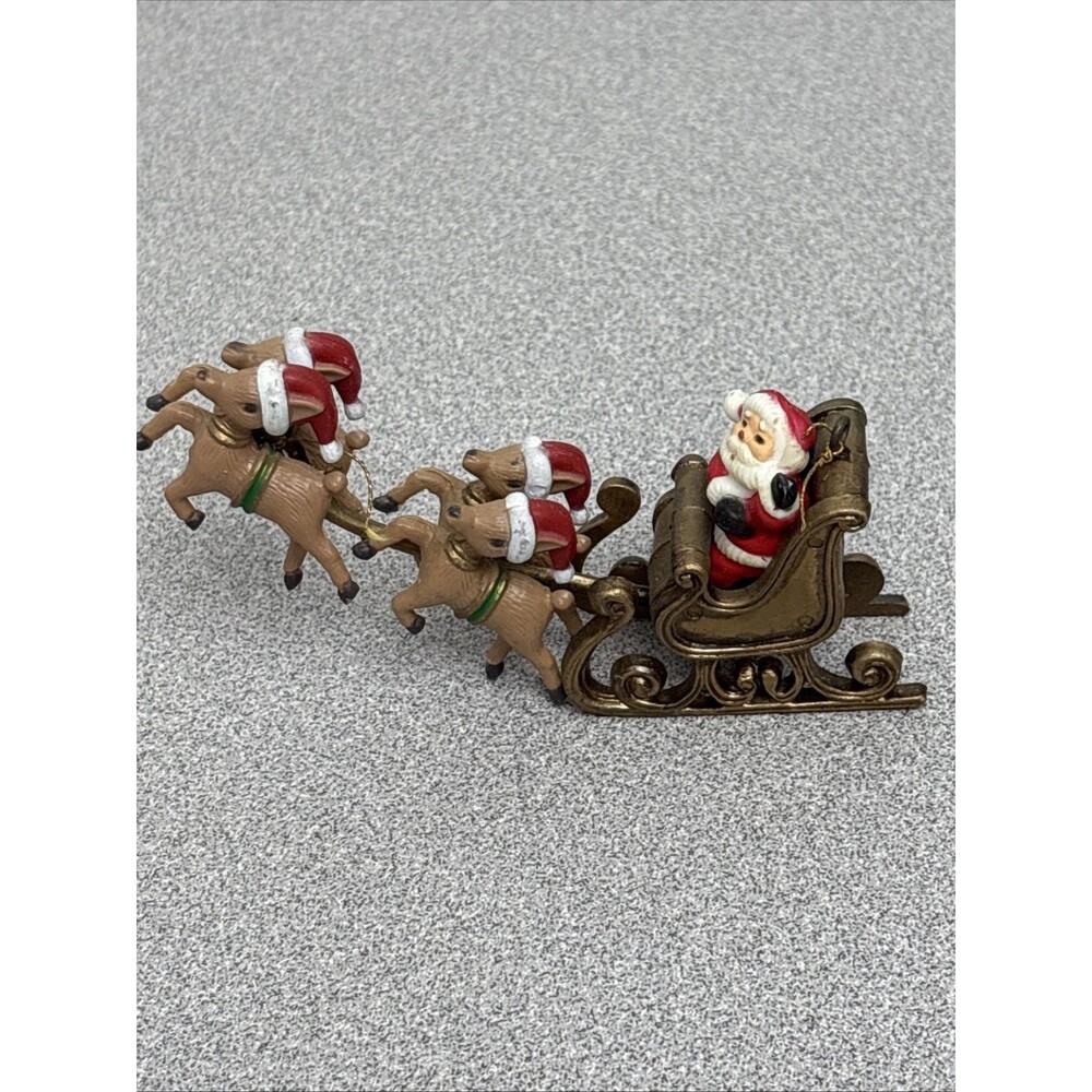 Vintage Santa Claus Sleigh 4 Reindeer Ornament Christmas Village Piece Plastic